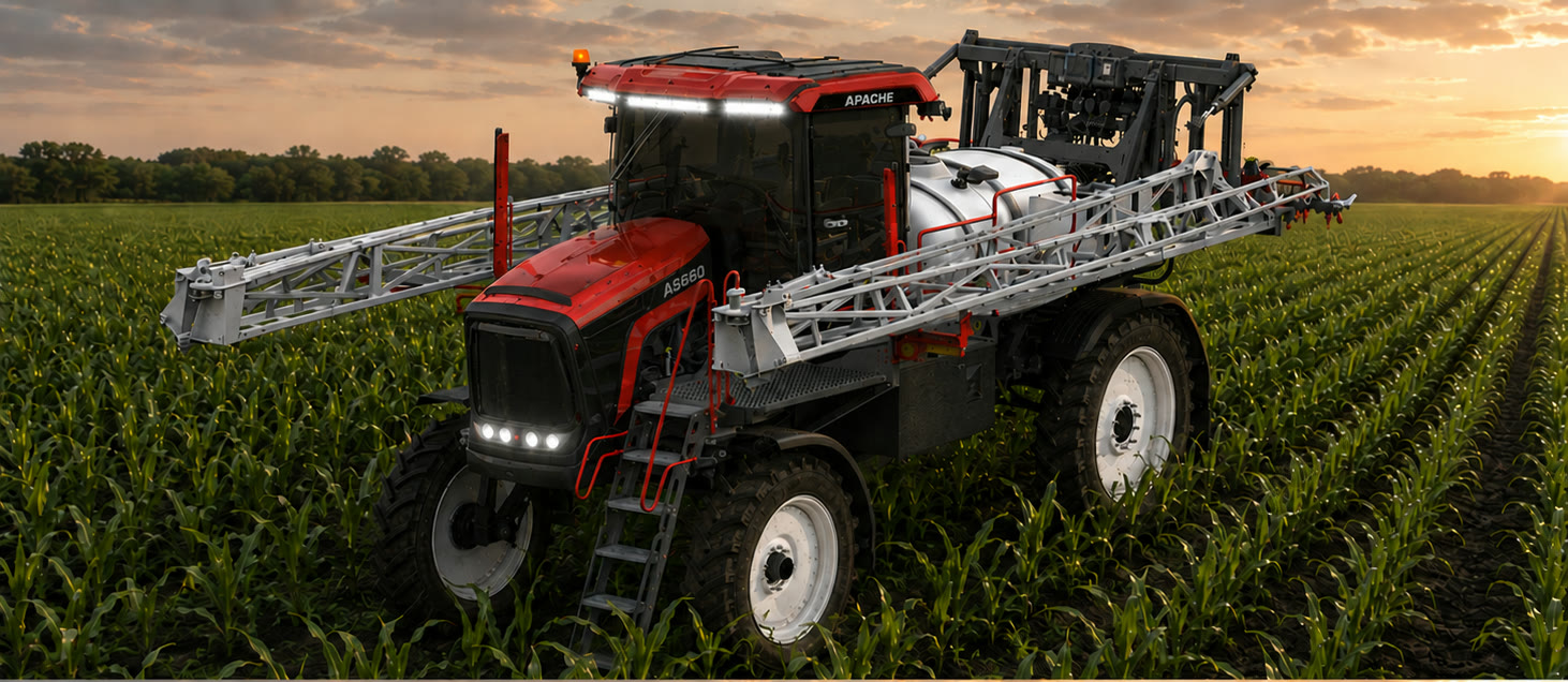 Apache AS660 front three-quarter spraying corn at sunset