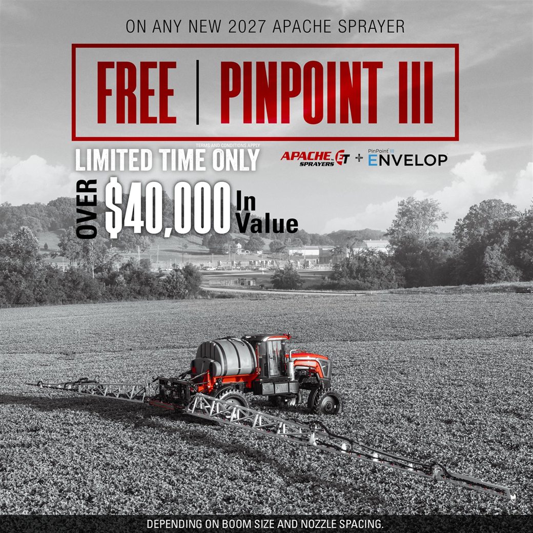 Free PinPoint III on any new 2027 Apache Sprayer. Limited time only. Over $40,000 in value.